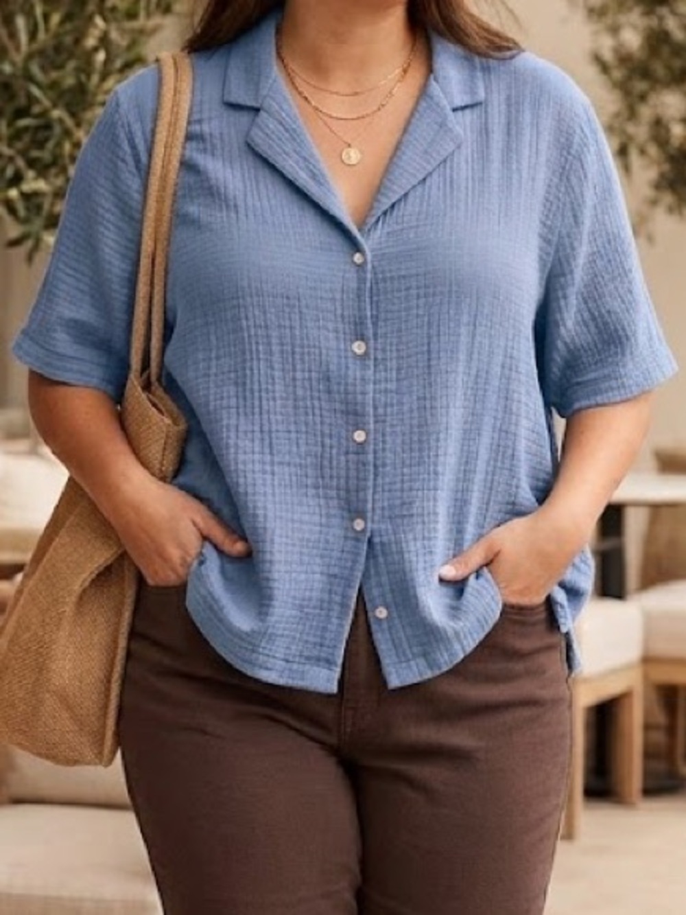 Quince Organic Cotton Gauze Short Sleeve Shirt Powder Blue XL Camp Collar